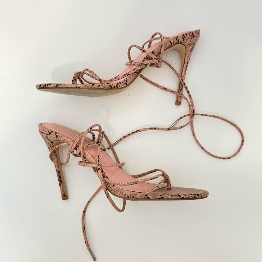 Fashion Nova Snakeskin Strappy Heels - Pink